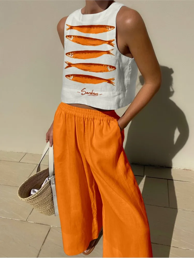 Sommer-Druck-Set für Damen, lässig, O-Ausschnitt, ärmellos, Pullover, Tops + Hose mit weitem Bein, 2-teiliges Set für Damen, Urlaub, Strand, Damenbekleidung
