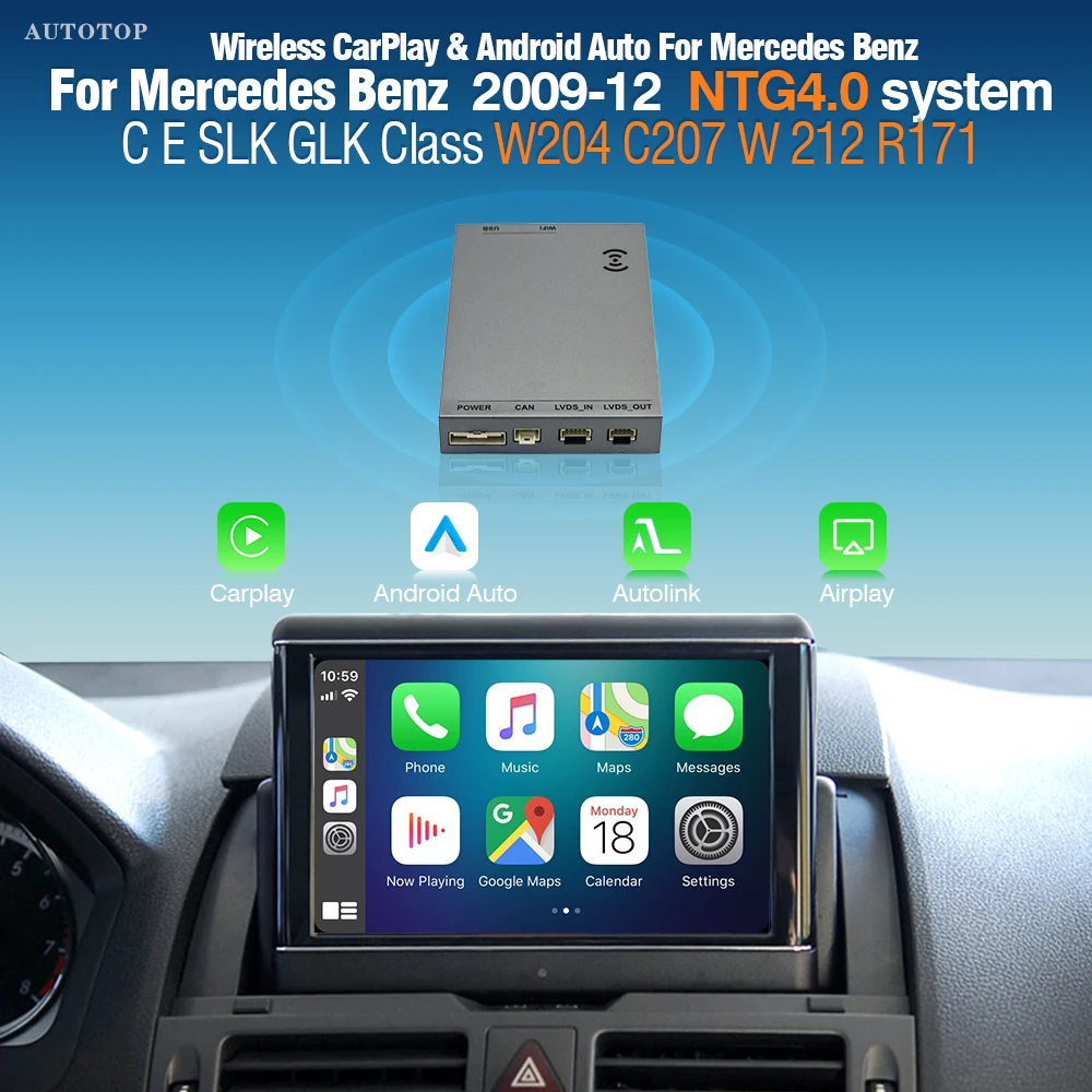 Décodeur AUTOTOP CarPlay sans fil et Android Auto pour Mercedes Benz NTG4.0 GLK W207 E W212 S212 Classe E W204 Module de navigation GPS
