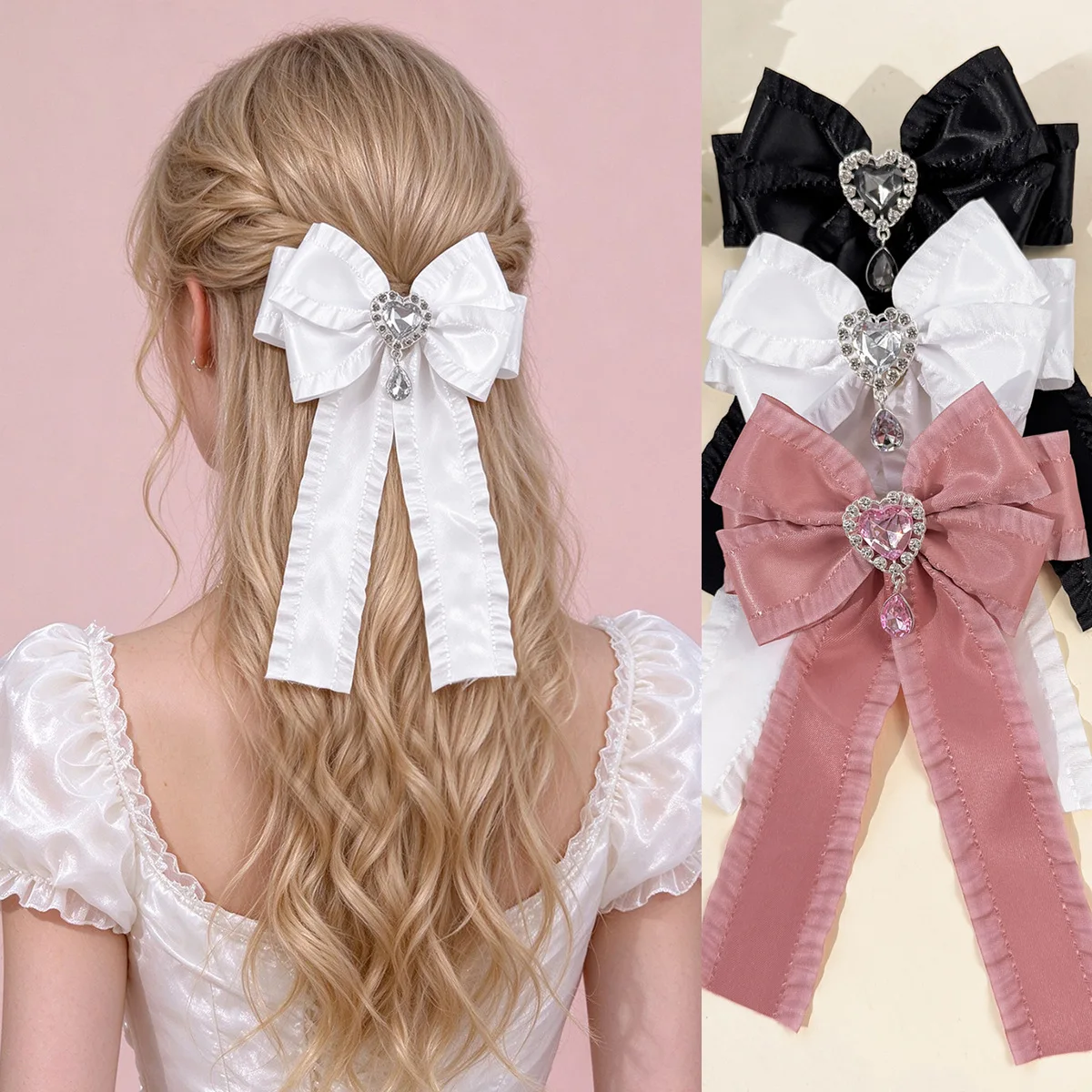 20pc Women's Korean Style Rhinestone Heart Tassel Bow Tie Hair Clips Versatile Girls Frill Ruffle Bow Hairgrips Hair Accessories
