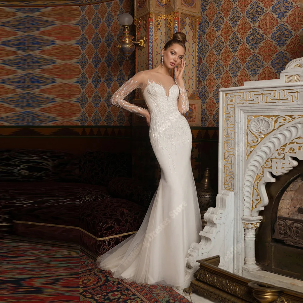 

Round-Neck Mermaid Women Wedding Dresses Elegant Lace Long Sleeves Bride Gowns Princess Banquet Vestido De Novia 2025 Customized