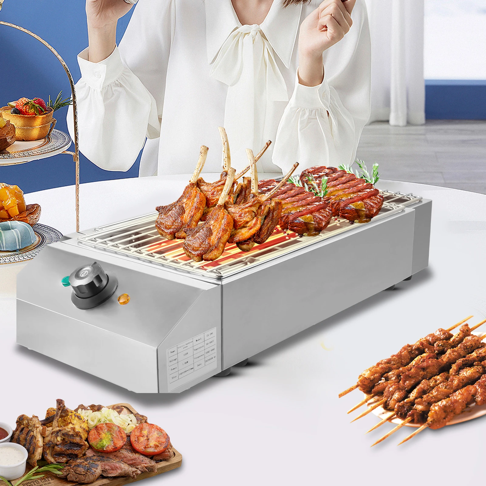 

1800W Electric BBQ Grill 122-302℉ Countertop Stainless Steel Barbecue Griddle 110V Commercial Cooking Oven for Indoor Outdoor