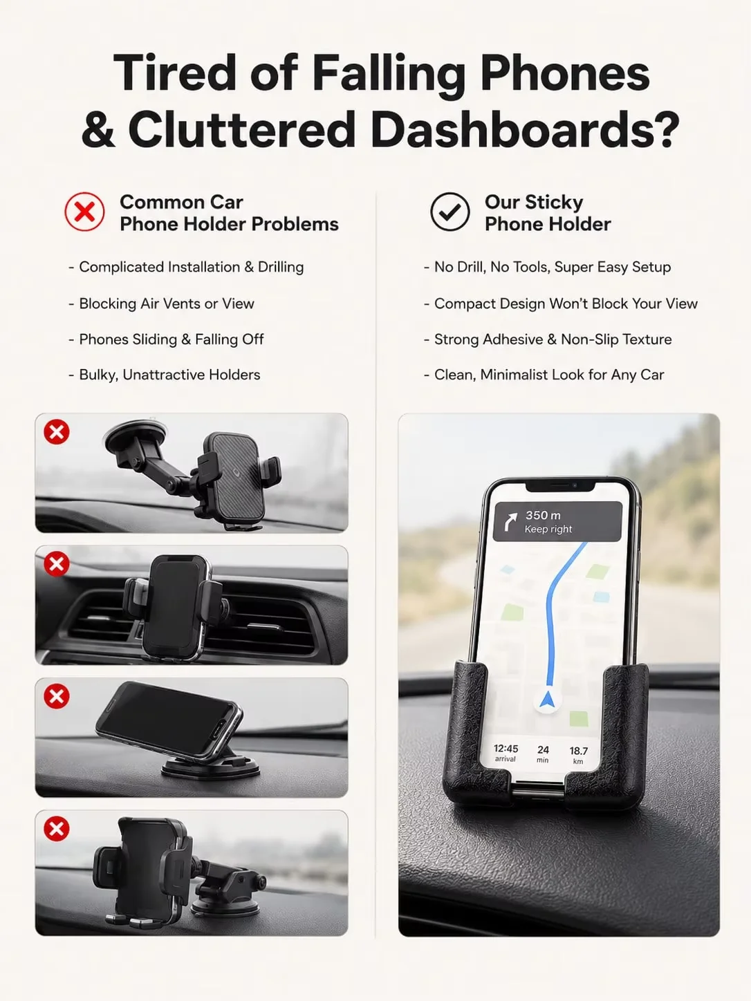 Sticky Car Phone Holder Leather Texture Dashboard Mount No Drill Universal Smartphone Stand Anti-Slip Auto Interior Accessories