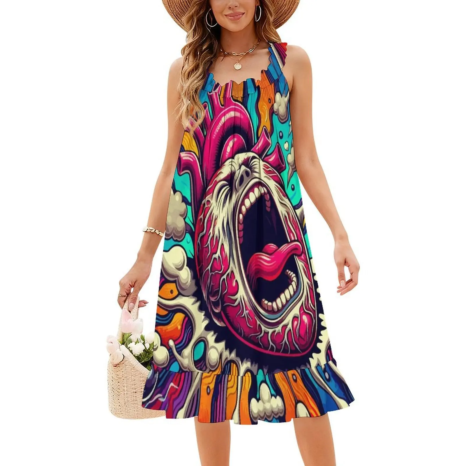 فستان The Heart That Screams للسيدات على طراز الهيب هوب ملابس الشارع مطبوعة برسومات جرافيكية للحفلات والنوادي على شكل قلب مكسور مفتوح الفم للنساء #4