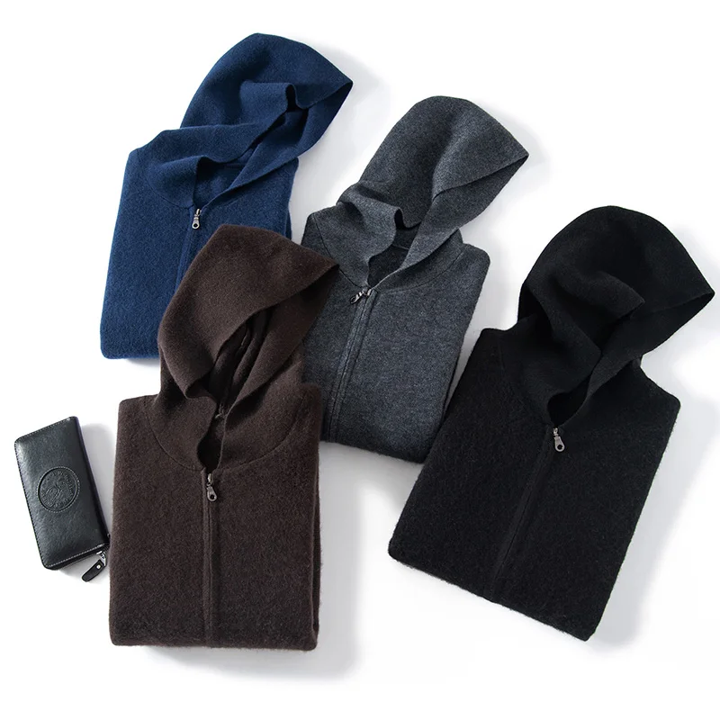 

100% кашемировый мужской кардиган с капюшоном, осенне-зимний утолщенный вязаный свитер на молнии, однотонный свитер с карманом, куртка