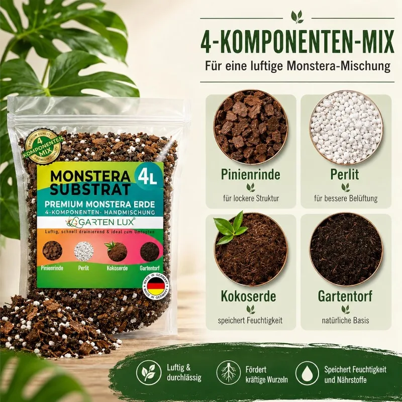 Erde 4L Premium 4-Komponenten-Aroid-Substrat mit Perlit, Kokoserde & Pinienrinde Luftdurchlässige Erde für Zimmerpflanzen