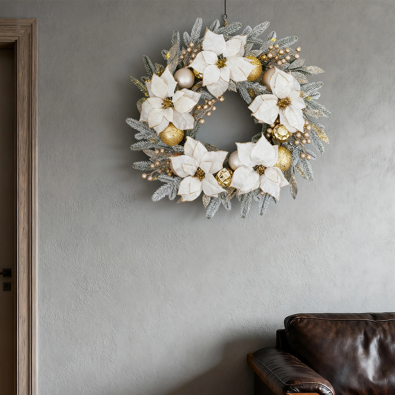 

24 Inch Artificial Christmas Wreath with White Poinsettia, Holiday Decor for Front Door, Wall, Window, Xmas Door Hanger for Home