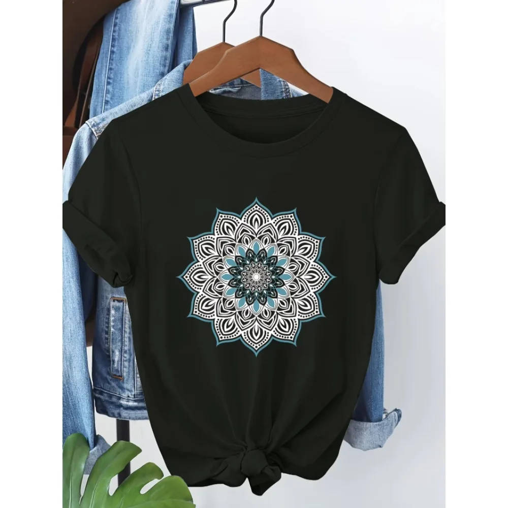 Women's Floral Mandala Print Short Sleeve T-Shirt Casual Round Neck Top with Teal Black Artwork Urban Style Printed T-Shirt