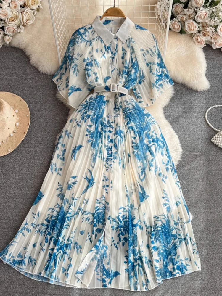 Nieuwe Temperament Afdrukken Gewaad Femme Single Breasted Vintage A-lijn Jurken 2025, Vestidos De Mujer Slanke Taille Riem Geplooide Jurk