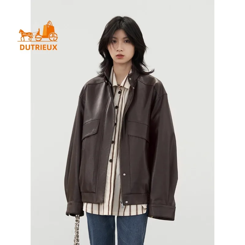 Winter Women's Neutral Style Cool Stand Collar Quilted Leather Jacket, 100% Genuine Sheepskin Intellectual and Fashionable Coat