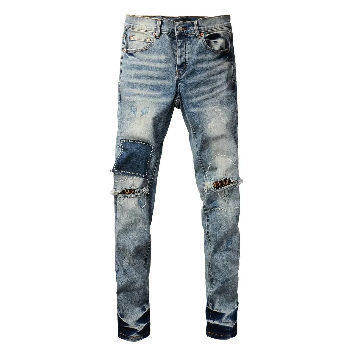 

Men's Jeans Light Blue Distressed American Streetwear Skinny Button Fly Ripped Holes Patchworks Jeans y2k jeans
