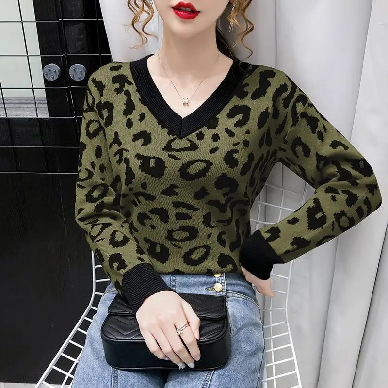 Women's Clothing Loose Pullovers O-neck Long Sleeve Leopard Printing Sweaters Loose Casual Streetwear Undercoat Office Lady