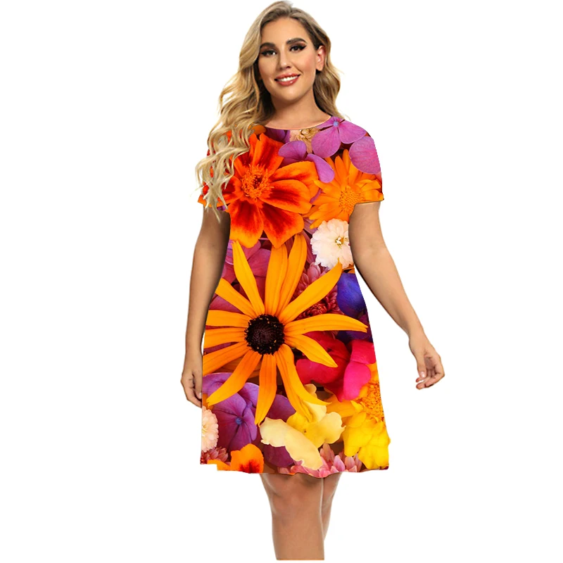 Vestidos con estampado de flores rosas para mujer, minivestido holgado informal de manga corta, cuello redondo, corte en A, talla grande 6XL