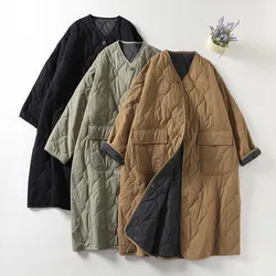 Oversized Vintage Cardigan Robe Women Jacket Double Pocket Casual Loose Quilted Cotton Coats Single Breasted Autumn Outerwears