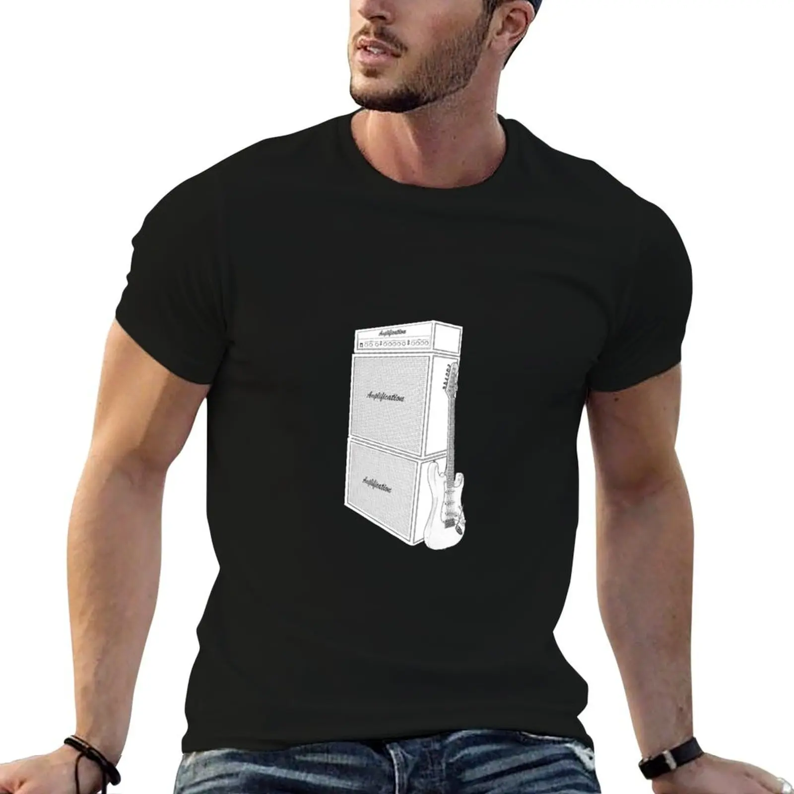 Electric Guitar and Amplifier Sketch T-Shirt Casual All Match Tee Shirt for Men