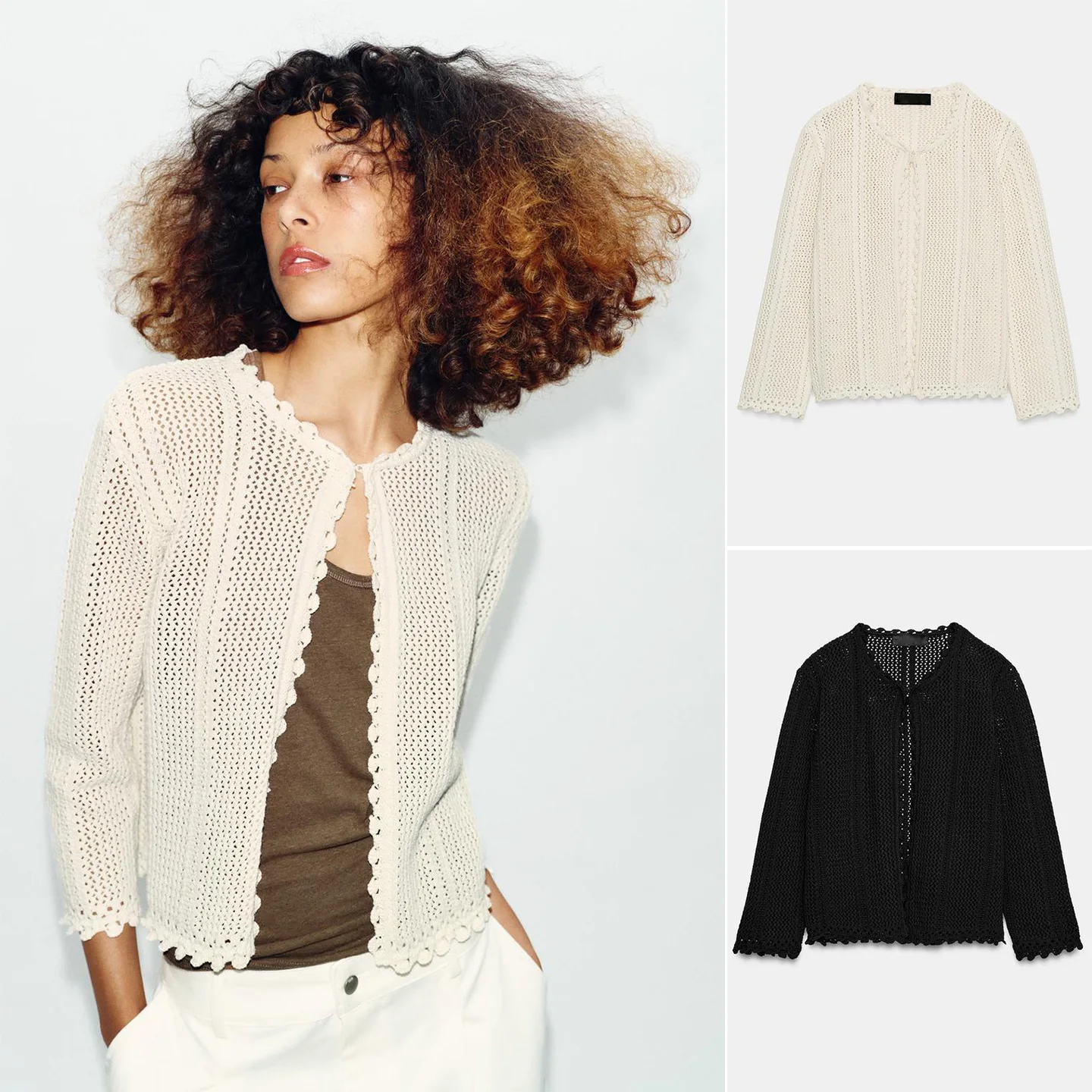 

Spring New Women's Invisible Button Long Sleeve round Neck Casual Hollow Knitted Jacket Standard Fit Polyester Fiber Short Coat