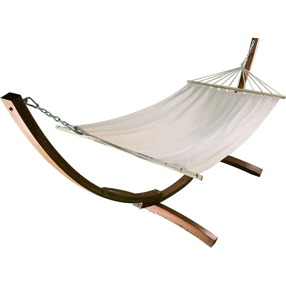

1 Person Teak Stained Wooden Arc Hammock Stand with Beige Quilted Hammock Bed, 300 LB Capacity