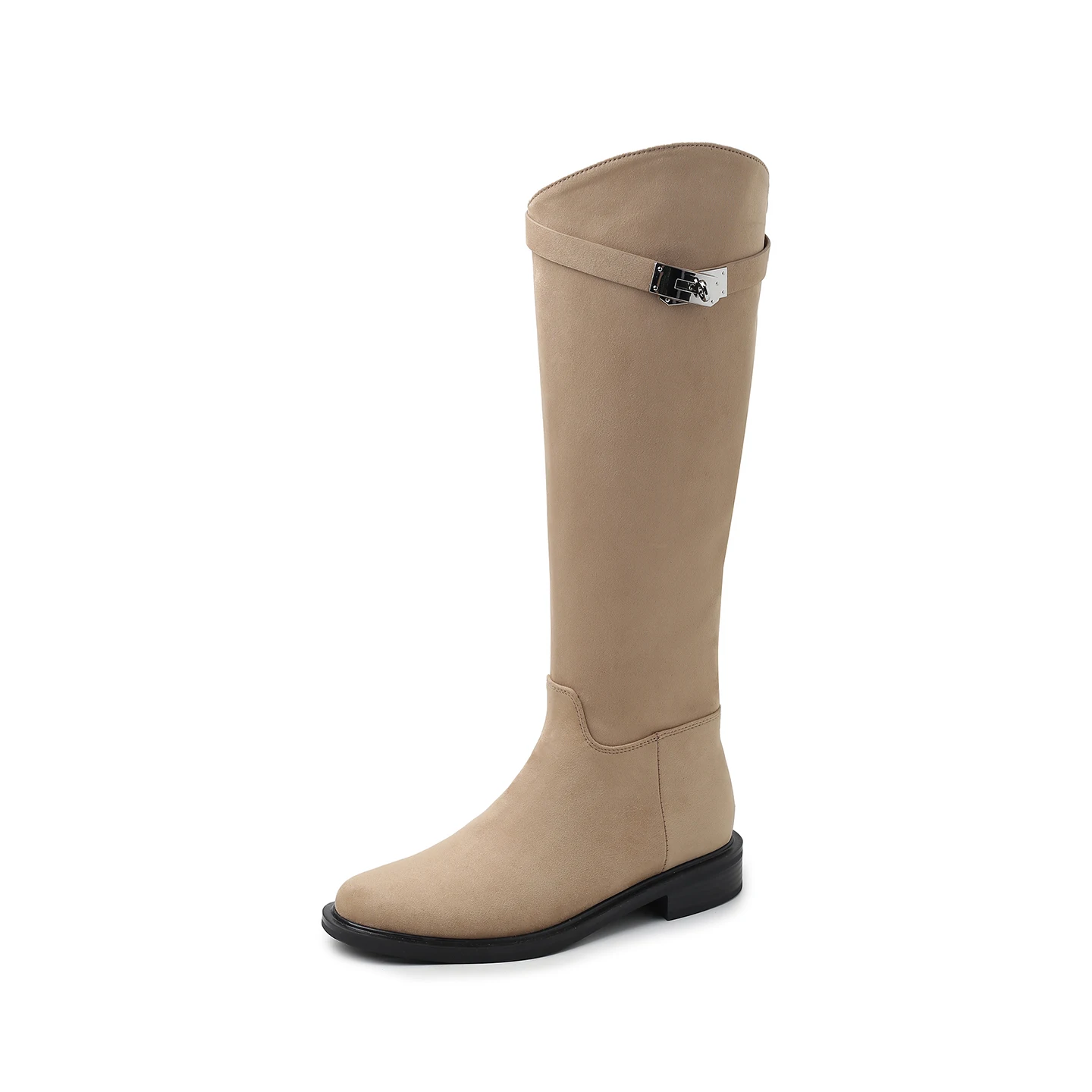 Arden Furtado Damen Herbst-Reitstiefel mit runder Spitze, mittlerem Absatz, Gürtelschnalle, kniehoch, modische Schnallen-Kniestiefel, moderne Stiefel