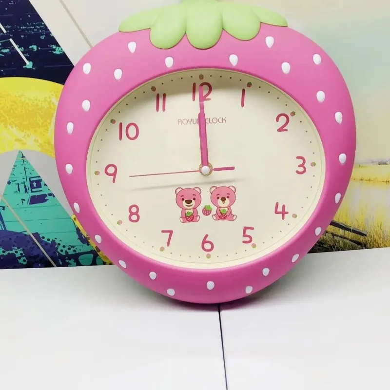 Strawberry Cartoon Creative Kids' Wall Clock - 12-Inch Punch-Free Hanging for Living Room & Bedroom