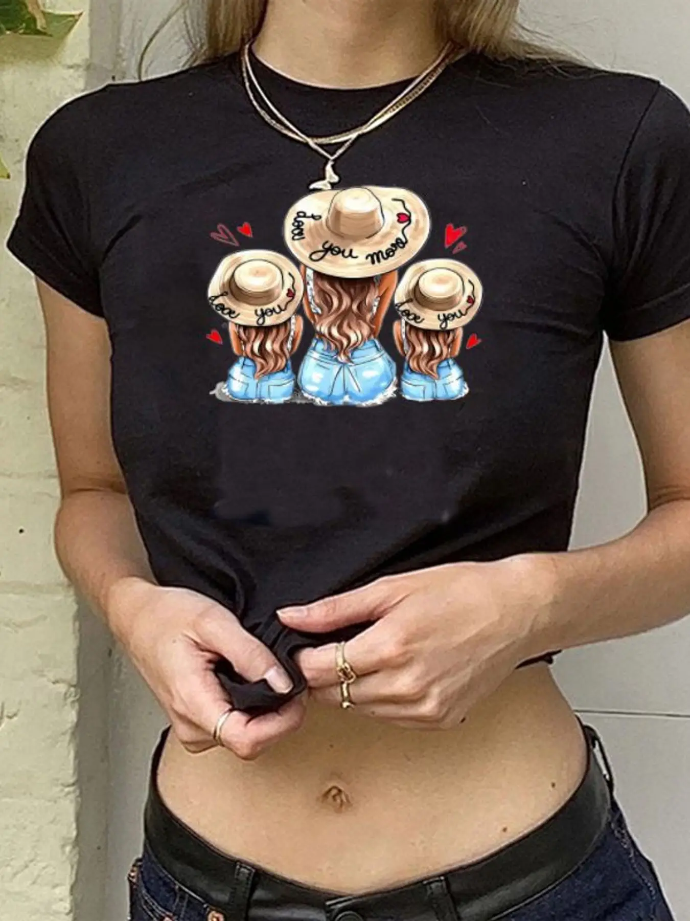 Women's White Crop Top T-Shirt with Cartoon Print 