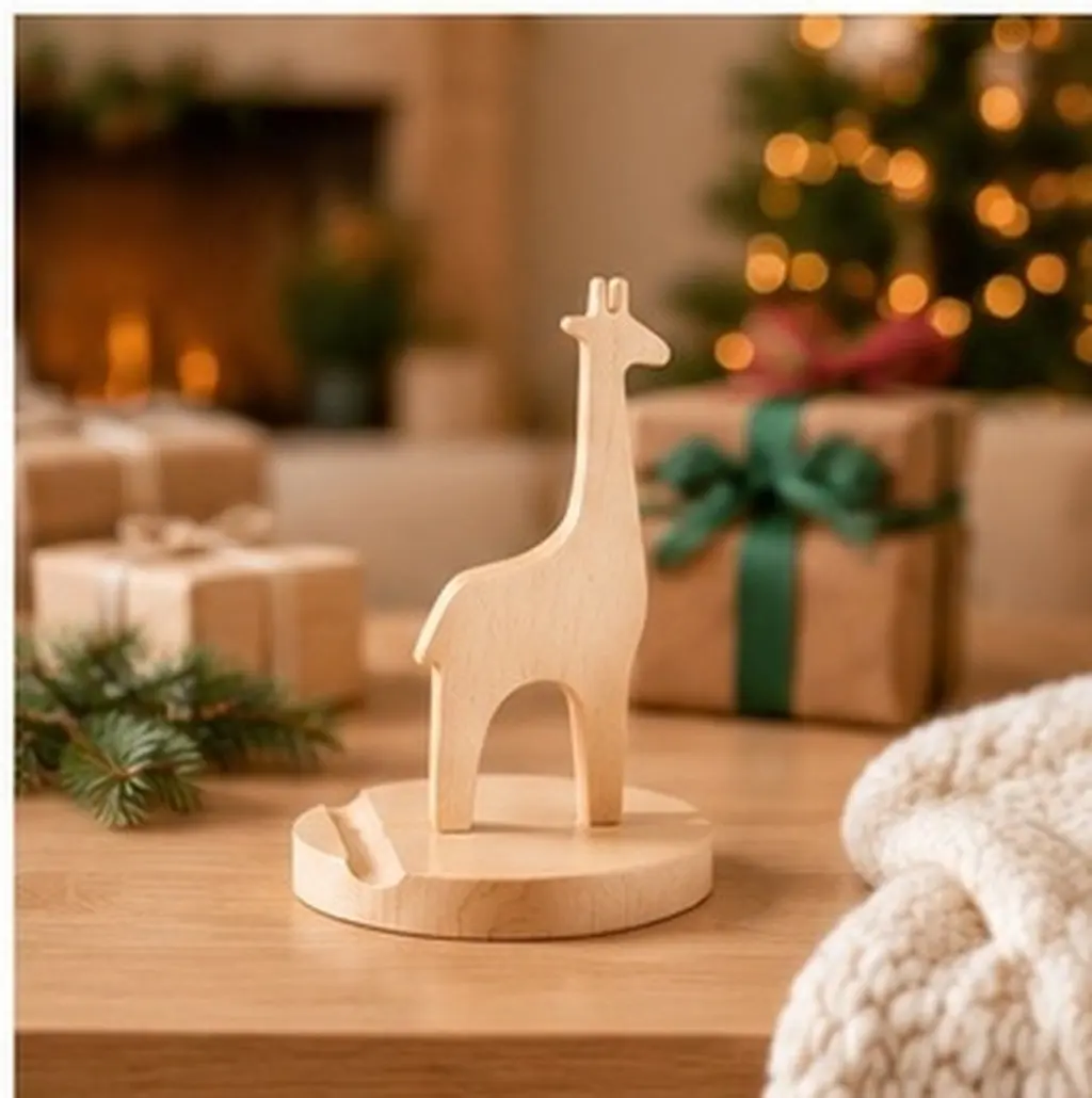 Natural Wood Giraffe Shaped Phone Stand Desktop Holder Small Size Space Saving Fine Polished Eco Friendly Desktop Decoration