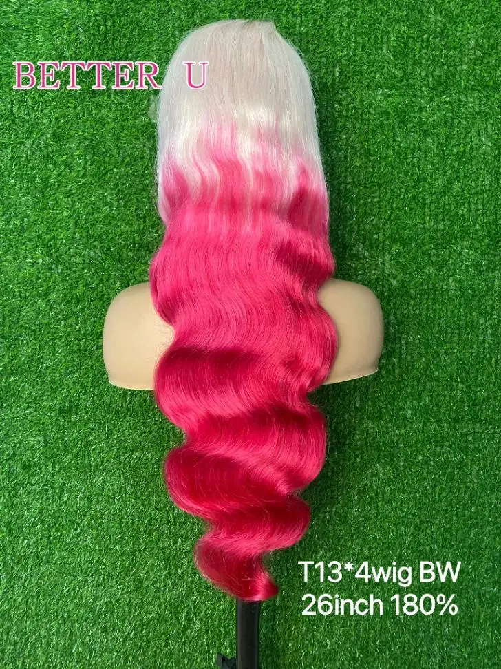 Pelucas de cabello humano sin pegamento, color blanco, ombré, rosa, cuerpo brasileño ondulado, 613 colores Wear & Go, pelucas de cabello humano con encaje frontal 13x6 para mujer