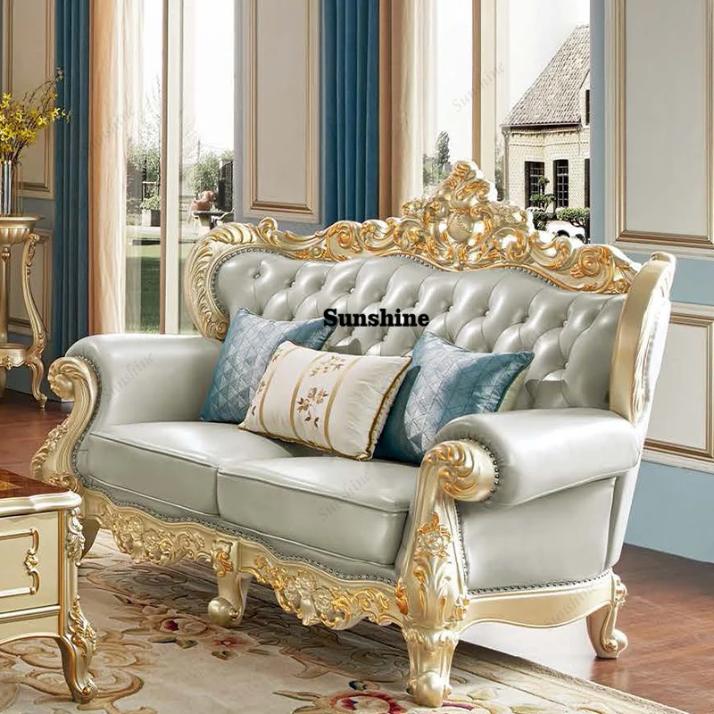 

For Classic European Design French Style Sofa Solid Wood Frame Leather Living Room Sofa Carving
