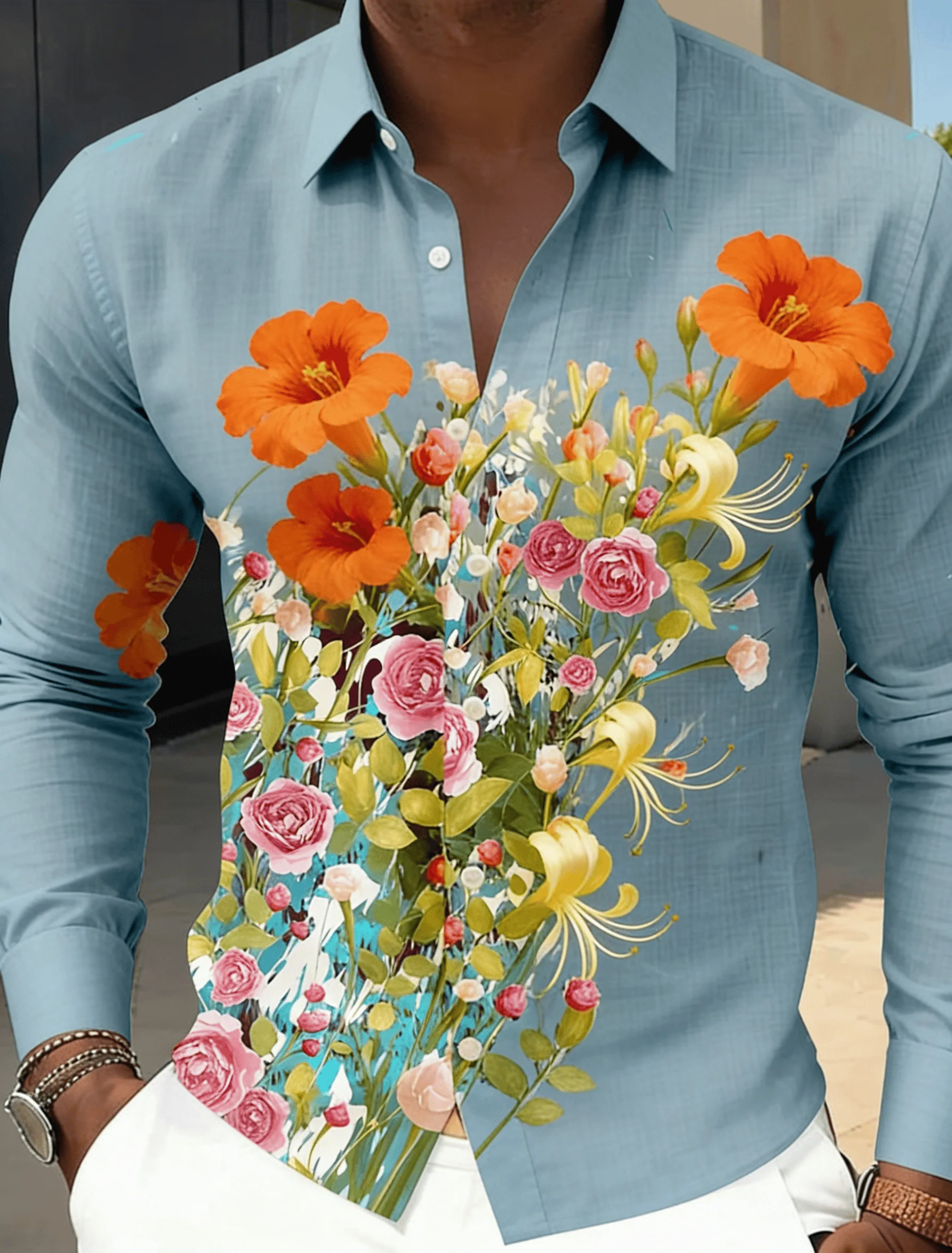 

Men's Floral & Splash Print Shirt Spring Summer Stand Collar Casual Long Sleeve Blouse