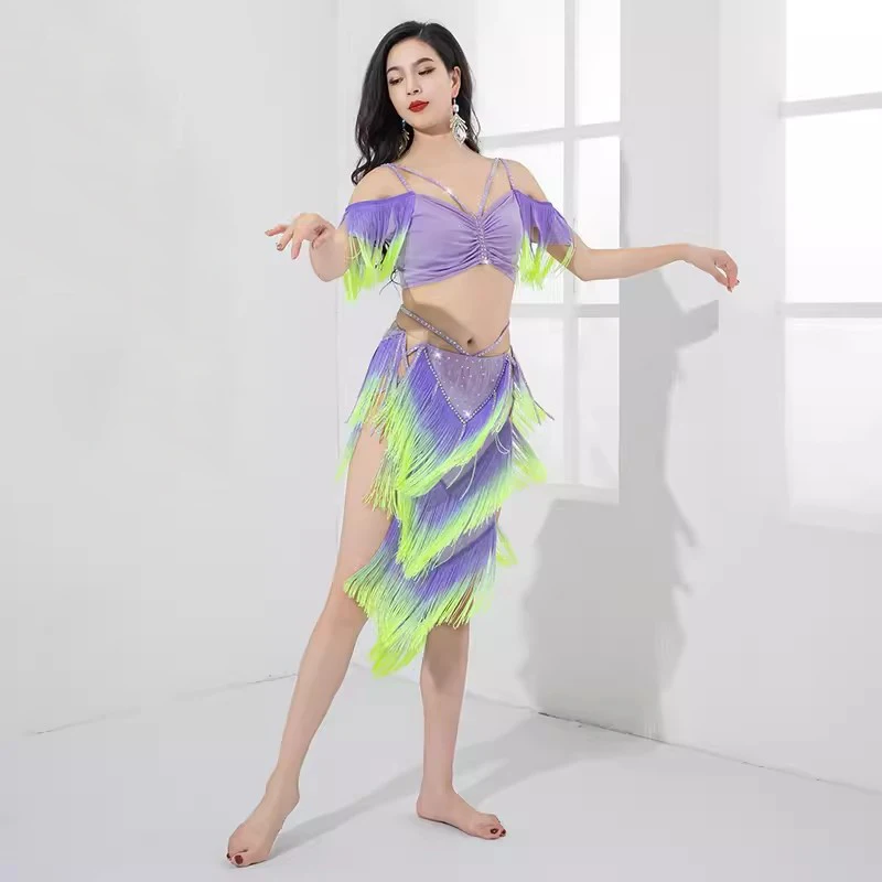 Girls Drum Solo Dance Competition Fringes Hip Skirt Contrast Color Outfit Sexy V Neck Belly Dance Costume Set 2pcs Top Skirt