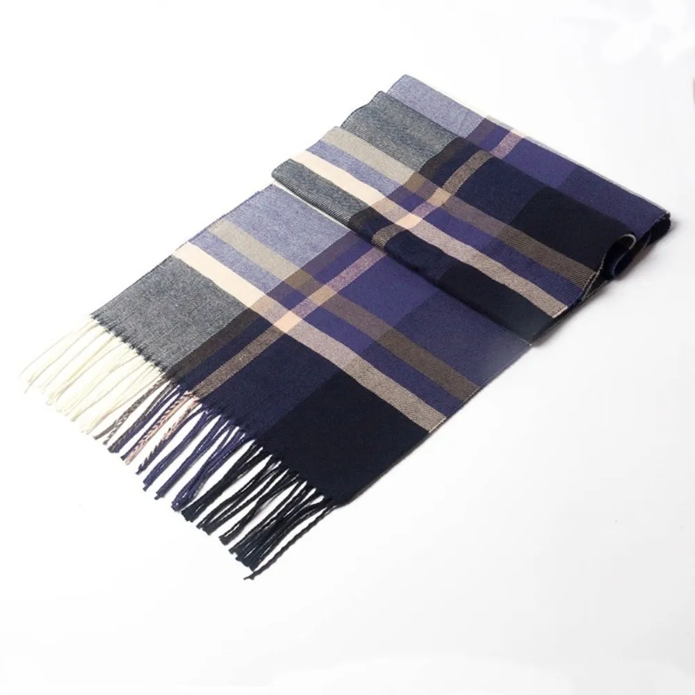 Versatile Polyester Men Plaid Scarf Warm Thickened Shawl Wrap Long Tassel All-Match Neck Scarf Winter