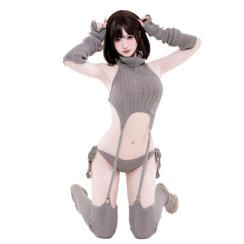 Women Cat Girl Anime Cosplay Costume - Gray Turtleneck Sweater Outfit Backless Knit Clothes with Garter Stocking 2026 view 6