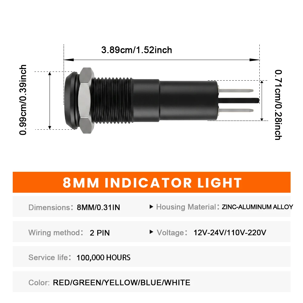FILN 5PCS 8mm IP67 Waterproof Signal Light 12V-24V/110V-220V Black Metal LED Status Lamp for Marine Infrastructure Control Panel