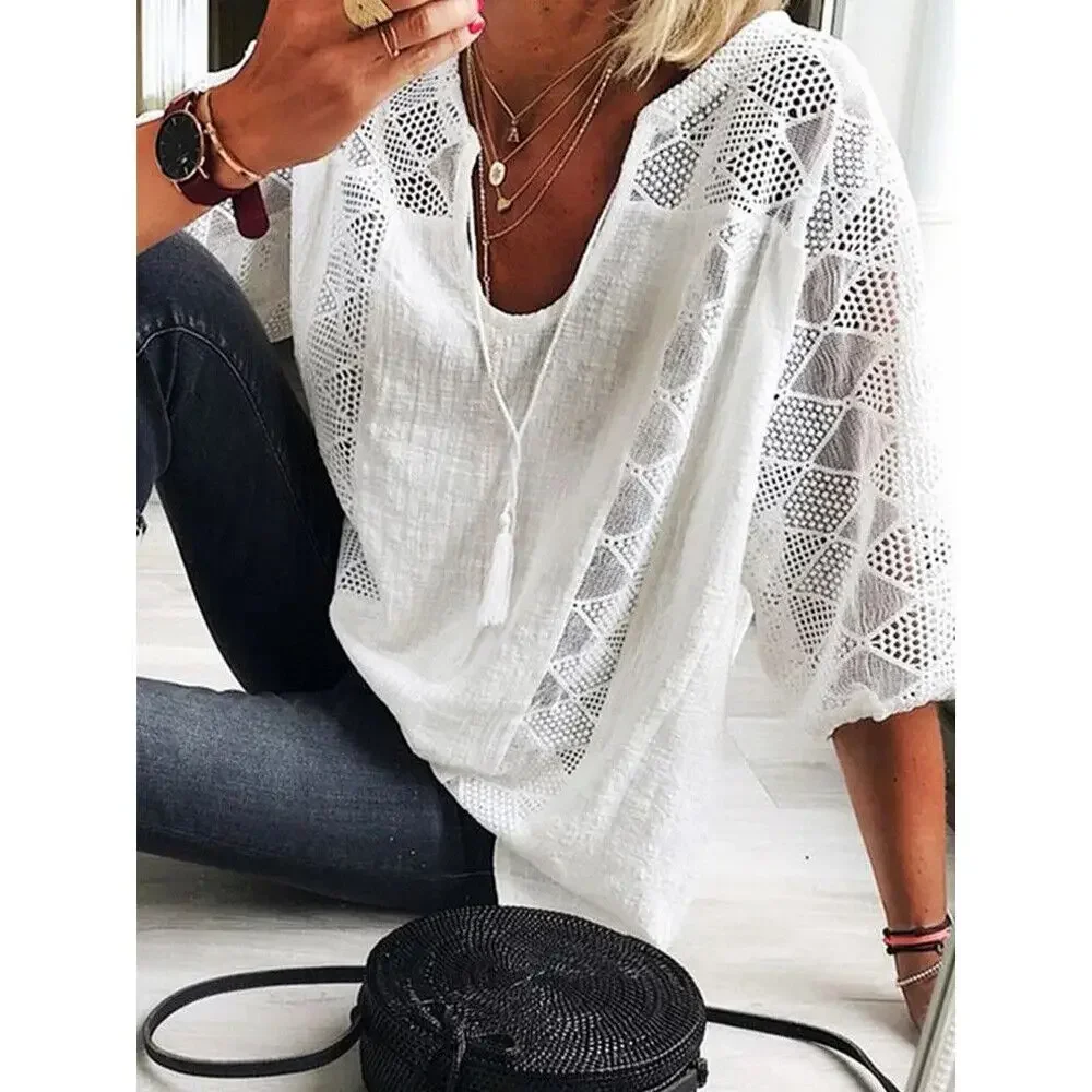 

Women Blouse 2024 Spring Summer Cotton Lace Shirt Spliced U Neck 3/4 Sleeve Top Female Loose Blouse