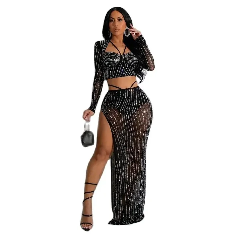 Women Fashion Wrap Bust Long Sleeve T-Shirt Commuter Diamonds 2 Piece Sets Split Hem Floor-length Skirt Sexy Party Female Suits