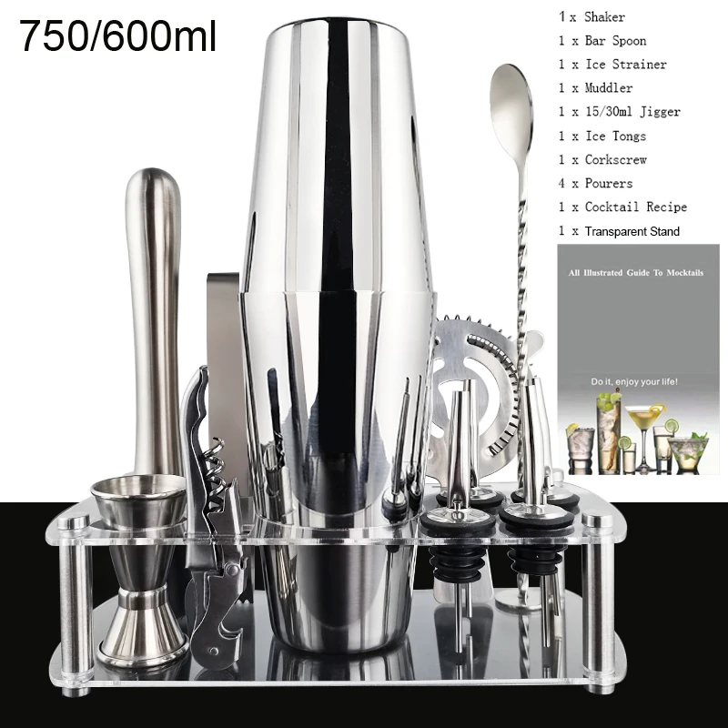 

12pcs 750/600ml Shakers Bar Tools Bartender Kit Cocktail Shaker Set Bar Wine Mixer With Transparent Stand Cocktail Recipe