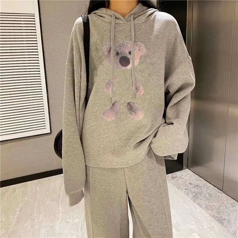 Freizeit Bär Sport Set Frauen Herbst/Winter neue koreanische Ausgabe Freizeit lose Hoodie weites Bein Hosen 2-teiliges Set