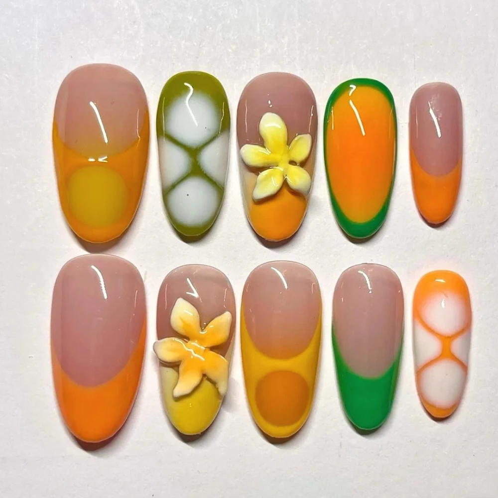 

10Pcs Handmade Manicure Medium Almond Fake Nails New Cute 3D Limited Nails Press On Nails Design with Adhesive Nail File Set