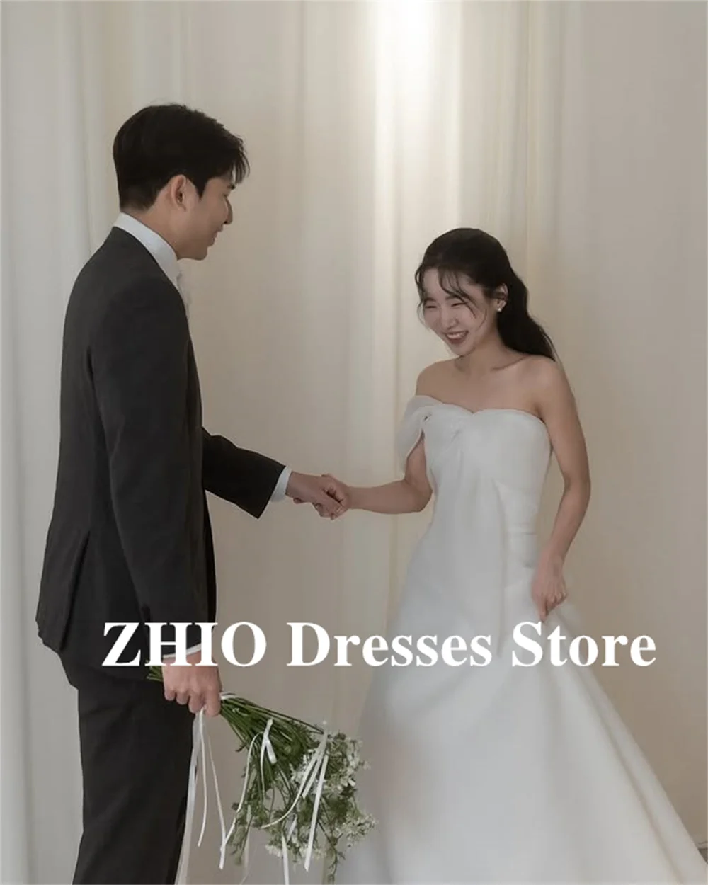 ZHIO ง่ายไหล่เกาหลี Ivory A-Line ชุดแต่งงาน Organza CROSS ประเภทรัดตัวกลับที่กําหนดเองสวยเจ้าสาว Gowns