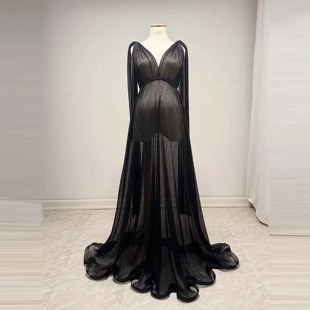 See Thru 블랙 긴 소매 메쉬 출산 드레스 V 넥 바닥 길이 쉬어 메쉬 이브닝 드레스 (공식 행사용 트레인 포함)