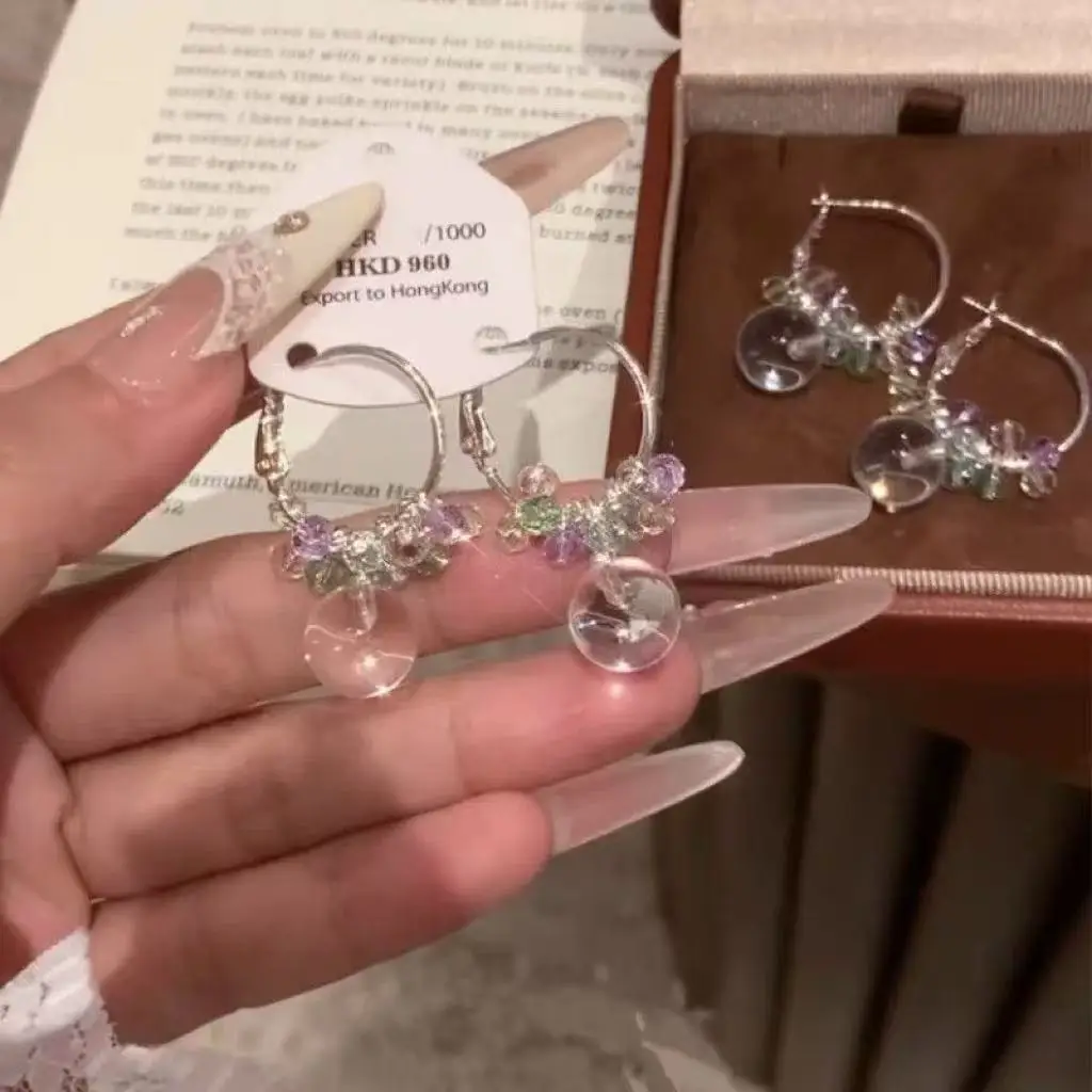 New Clear Transparent Crystal Ball Beaded Drop Earrings For Women Trendy Ring Hoop Jewelry Lady Gifts Party Office Banquet Decor