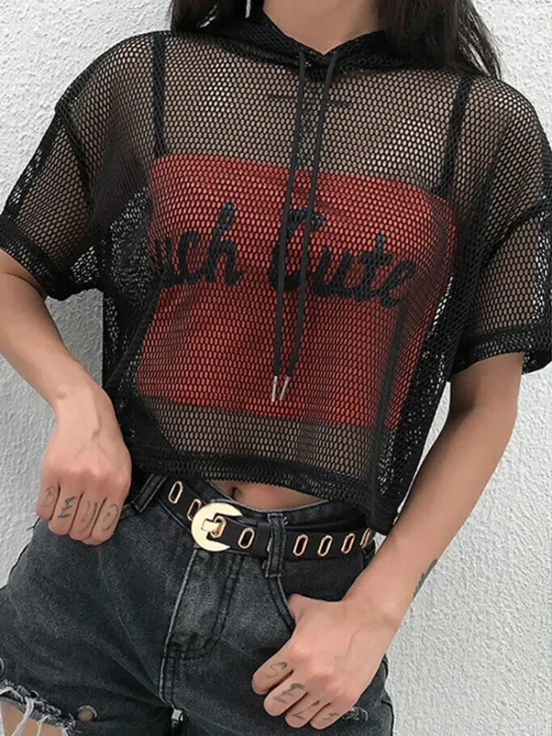 Street Style Fishnet Holes T Shirt See Through Hollow Out Hooded Full Sleeve Crop Top Women Casual Loose Shirt Smock Fall