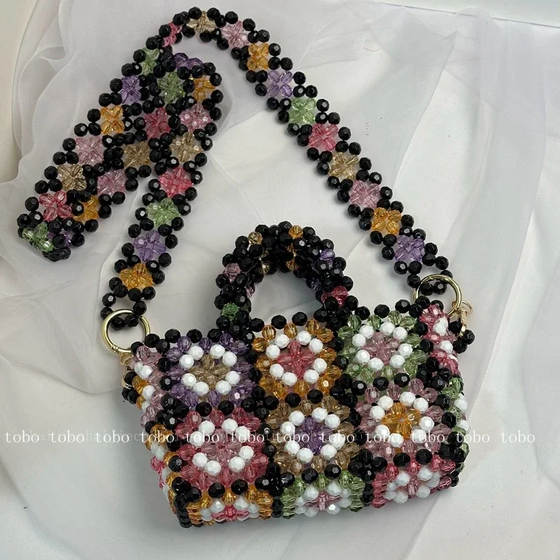 Summer Retro Transparent Acrylic Totes for Women Patchwork Beaded Woven Trendy Casual Crossbody Bags with Wide Bead Strap