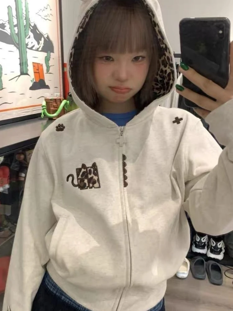 Deeptown Kawaii Zip Up Hoodies Women Japanese Style Vintage Leopard Print Sweatshirts Oversized Cute Embroidered Bunny Hoodies