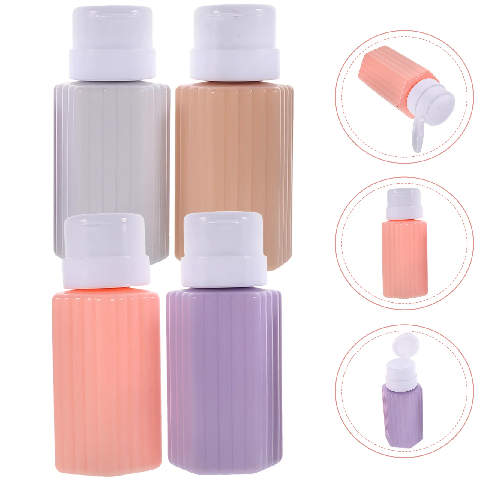 

4pcs Pump Bottle Pink Purple Grey Beige Nail Polish Remover Dispenser Leak Proof Lock Design Travel Size Liquid Storage