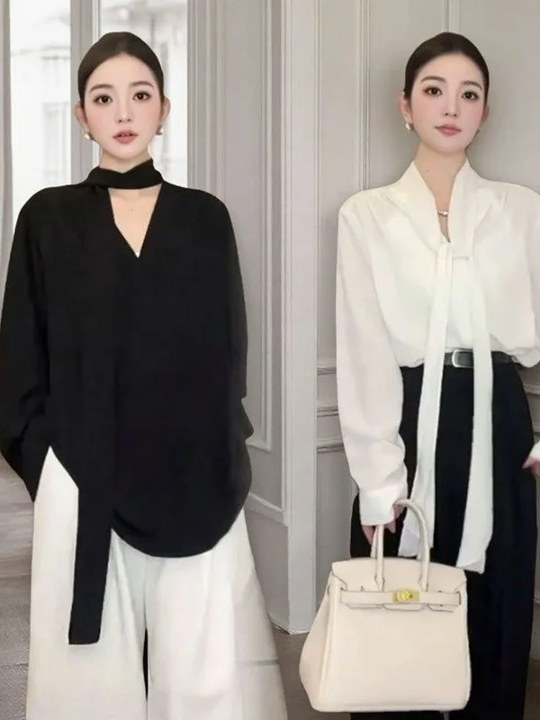 

Ele V-Ne Sa Long Sve irt Women's Spring Autumn Thin Loose High-End Feel Medium Length irt Fem