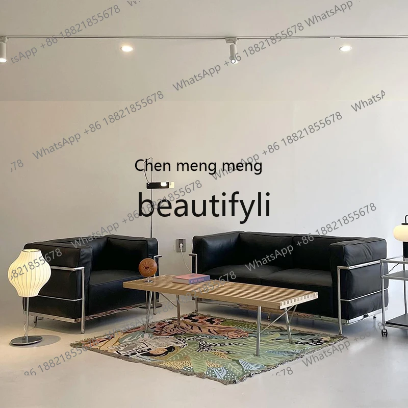 X Vintage Style Black Leather Sofa Light Luxury High-End Feel Living Room Straight Row Small Apartment Three-Seater