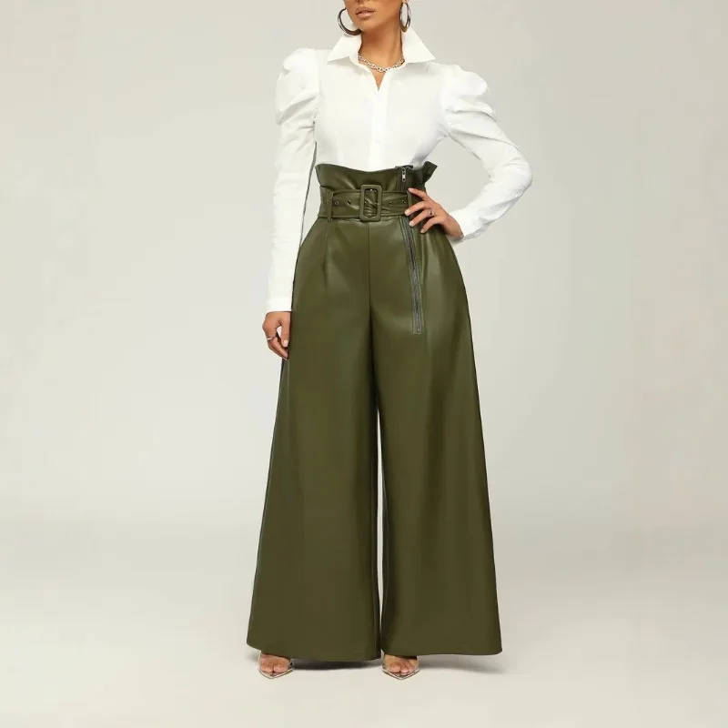 

Trousers Wide-leg Trousers Faux Leather Women's High-waisted Metal Belt Designer Fashionable Niche Versatile Luxurious High-end