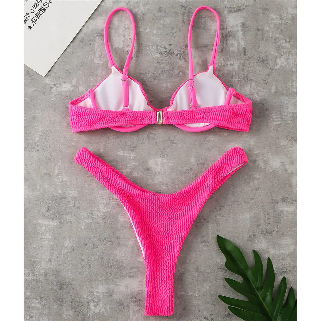 Gerippter, hoch geschnittener Bikini-Badeanzug mit Bügel, Damen-Badebekleidung, zweiteiliges Bikini-Set, String-Badeanzug, Badeanzug, Schwimmanzug V2697SW – Detail 32
