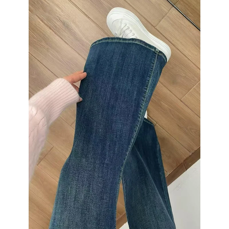 Jeans da donna taglie forti foderati in Fce blu vintage a vita alta a gamba larga pantaloni svasati comodi e larghi denim di cotone caldo invernale