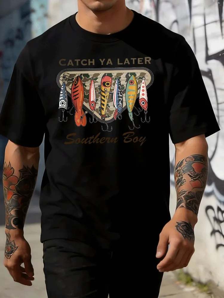 Mens Fisherman Short Sleeve Tee Vintage Fish Lure Southern Boy Print White Crew Loose Soft Outdoor Summer Daily Casual Wear Top
