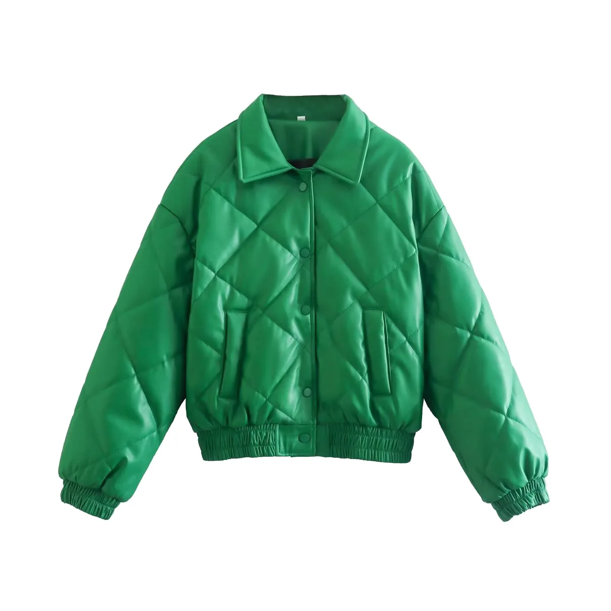 

Lapel Single Breasted Parkas Women Winter Pocket Short Quilted Jacket Slim Warm Fashion Streetwear Coat 2024 New Leather Green